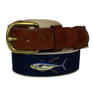 Leather Man Mens Yellowfin Tuna Fish Belt 44 Leather Tabs Webbing Brass Buckle